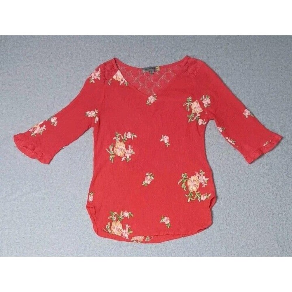 Figueroa & Flower 3/4 Sleeve Blouse Womens Size Small Red Embroidered Flowers...